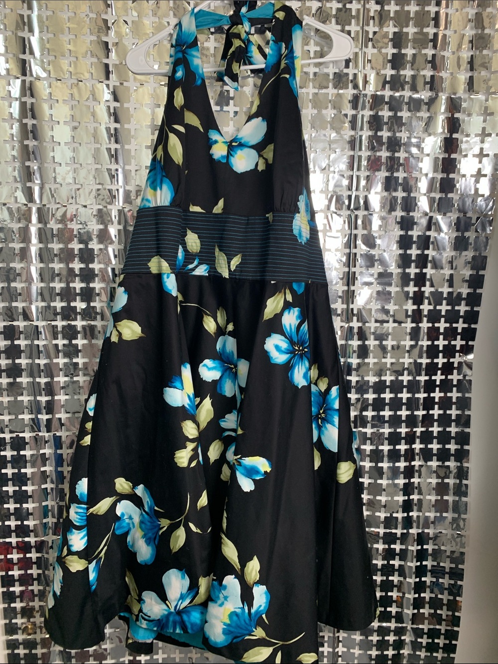 Donna Ricco Black Halter Midi Dress with Blue Floral Print and Green Leaves